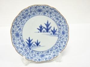 古伊万里　染付色絵　藍柿　花唐草　七寸皿